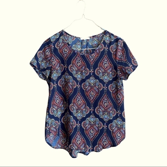Pleione Tops - Women’s Pleione XSP, pull over short sleeve blouse. Dark blue and maroon Shirt